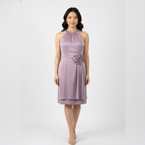 Ellen Tracy Lavender Satin Halter Dress with Rosette Detail